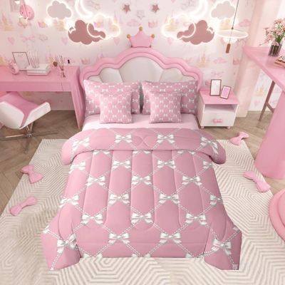 Feelyou Bow Pearl Bed Set Includes Comforter, Sheet Set, Pillowcases & Pillow Covers Set King Size Cute Bowknot 7 Pieces Bedding Set, Girls Decor Girls Bow Bed in a Bag, Microfiber Elegant Bow Bedroom