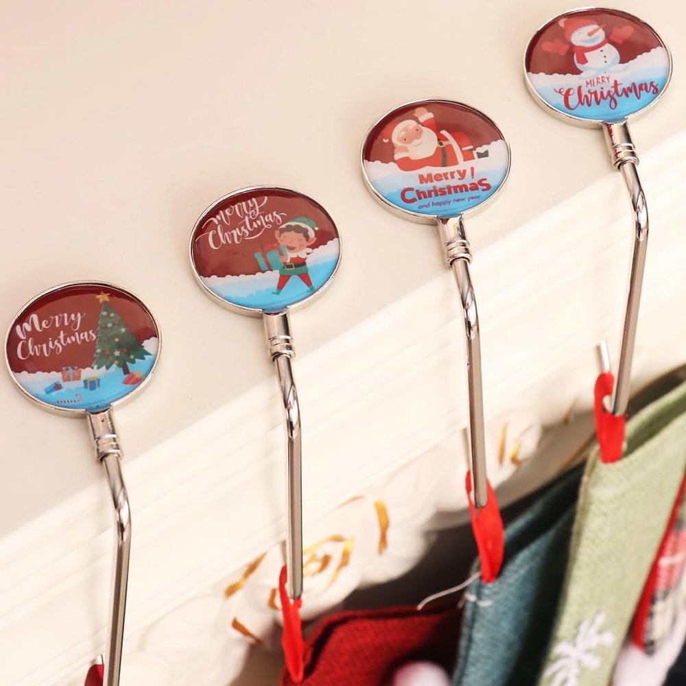 XIUSHE Christmas Stocking Holders for Mantle Set of 4-Non-Slip Stocking Christmas Stocking Hanger Hooks,Stocking Hooks for Mantle Stocking Holders for Xmas Fireplace and Party Decor (Multi Hooks)