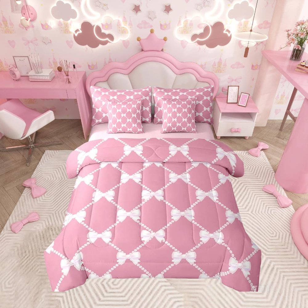 Feelyou Cute Bow 7-Piece Bedding Set, Queen Size Kids Pearl Bow Bed in a Bag, Cute Bowknot Bed Set Includes Comforter, Sheet Set, Pillowcases & Pillow Covers Breathable Elegant Pink