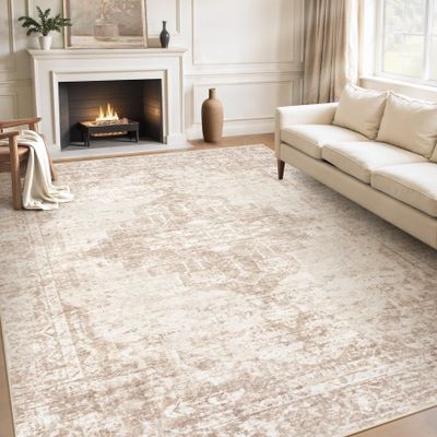 8x10 Area Rugs Washable Rug: Large Vintage Living Room Rug with Non-Slip Backing Low Pile Soft Indoor Floor Thin Carpet Neutral Carpets for Bedroom Dining Room Farmhouse Nursery Brown/Cream