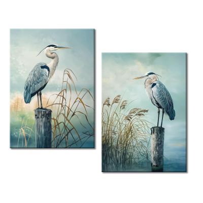 2 Piece Heron Canvas Wall Art Cyan Bird Picture Artwork Coastal Birds Print Painting Modern Birds Picture Poster Framed for Living Room Bedroom Barhroom Wall Decor