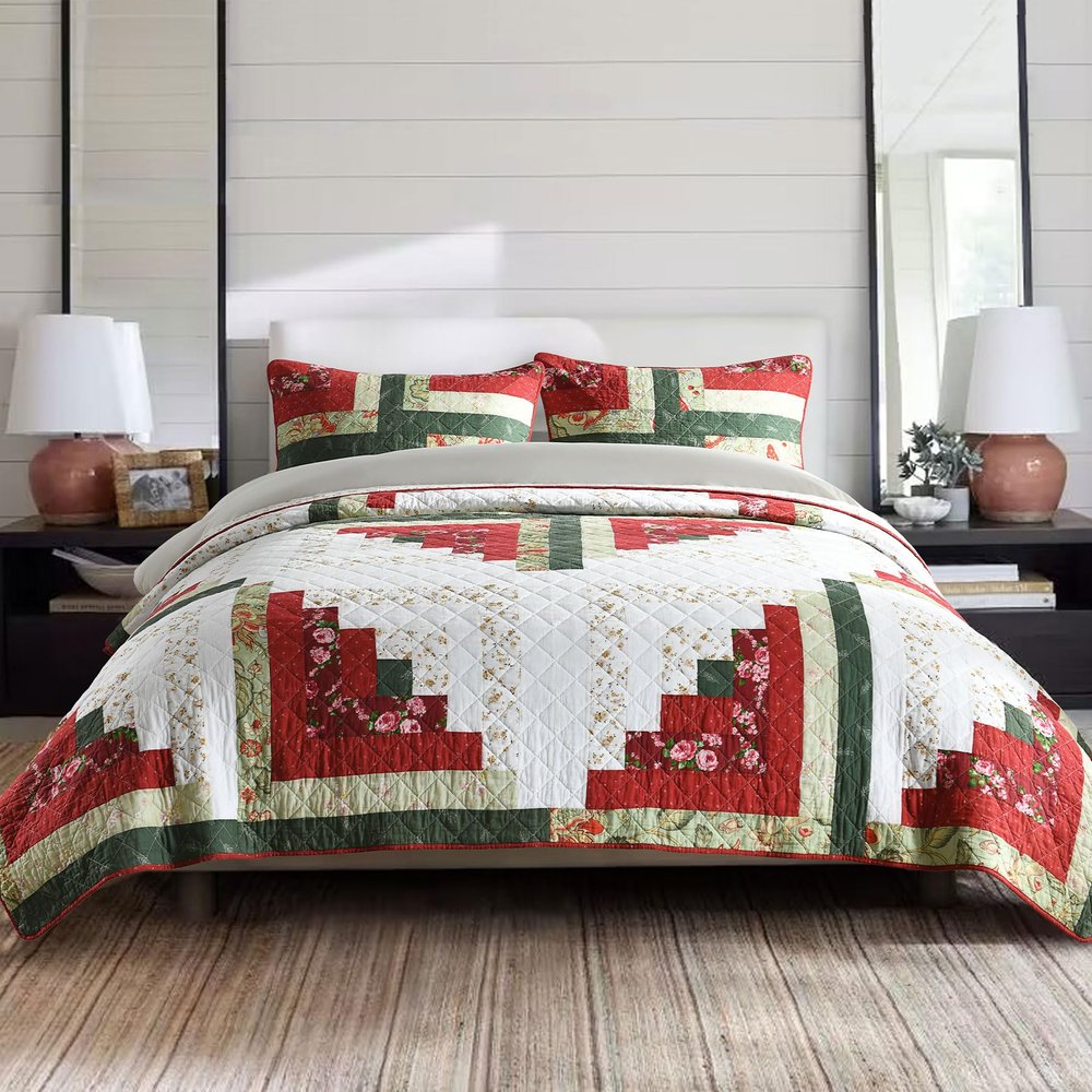 Secgo Handmade Quilted 100% Cotton Queen Comforter Set for Bed - 100% Cotton Quilts Queen Size, Black Bedspreads (90 * 96 Inch) with 2 Pillow Shams, Patchwork Reversible Lightweight Bedding