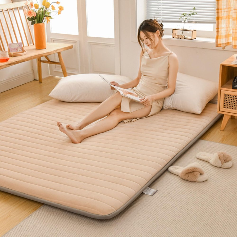 TFDRSEXVD Japanese Futon Floor Mattress,Thicken Tatami Mattress,Portable Sleeping Pad,Mattresses for House Couch,Roll Up Double Single Warm Mattress,Floor Lounger Bed,Flesh,90x190cm