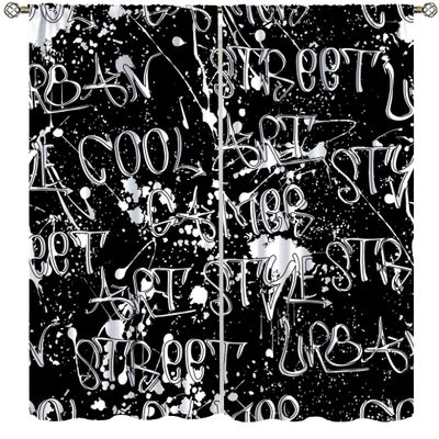 AAVEUP Graffiti Curtains, Black Minimalist Abstract Street Creative Culture Pigment Art Blackout Windows Treatments, Thermal Insulation Drapes for Kids Boys Girls Living Room Bedroom 52x84in