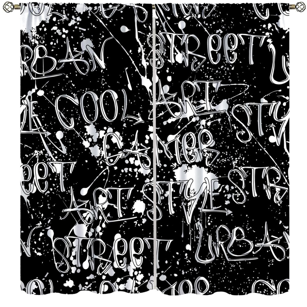 AAVEUP Graffiti Curtains, Black Minimalist Abstract Street Creative Culture Pigment Art Blackout Windows Treatments, Thermal Insulation Drapes for Kids Boys Girls Living Room Bedroom 52x84in