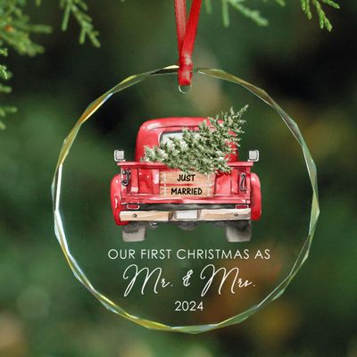 Wedding Gifts for Couples 2024 - Our First Christmas Just Married Ornament, Mr and Mrs Keepsake Gift Ideas, 1st Xmas Newlyweds Presents, Bridal Shower Bride Crystal Ornaments Drawstring Bags Gift Box
