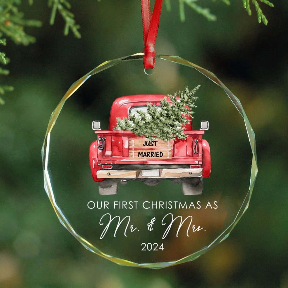 Wedding Gifts for Couples 2024 - Our First Christmas Just Married Ornament, Mr and Mrs Keepsake Gift Ideas, 1st Xmas Newlyweds Presents, Bridal Shower Bride Crystal Ornaments Drawstring Bags Gift Box