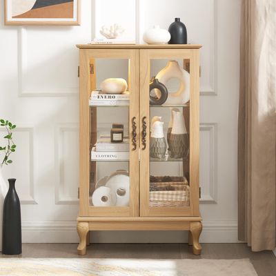 lunhung 3-Tier Lighted Glass Display Curio Cabinet with 2 Tempered Glass Doors,Curio Case with Mirrored Back Panel & Adjustable Shelves,Wine Artwork Display Cabinet for Living Room,Kitchen(Oak)