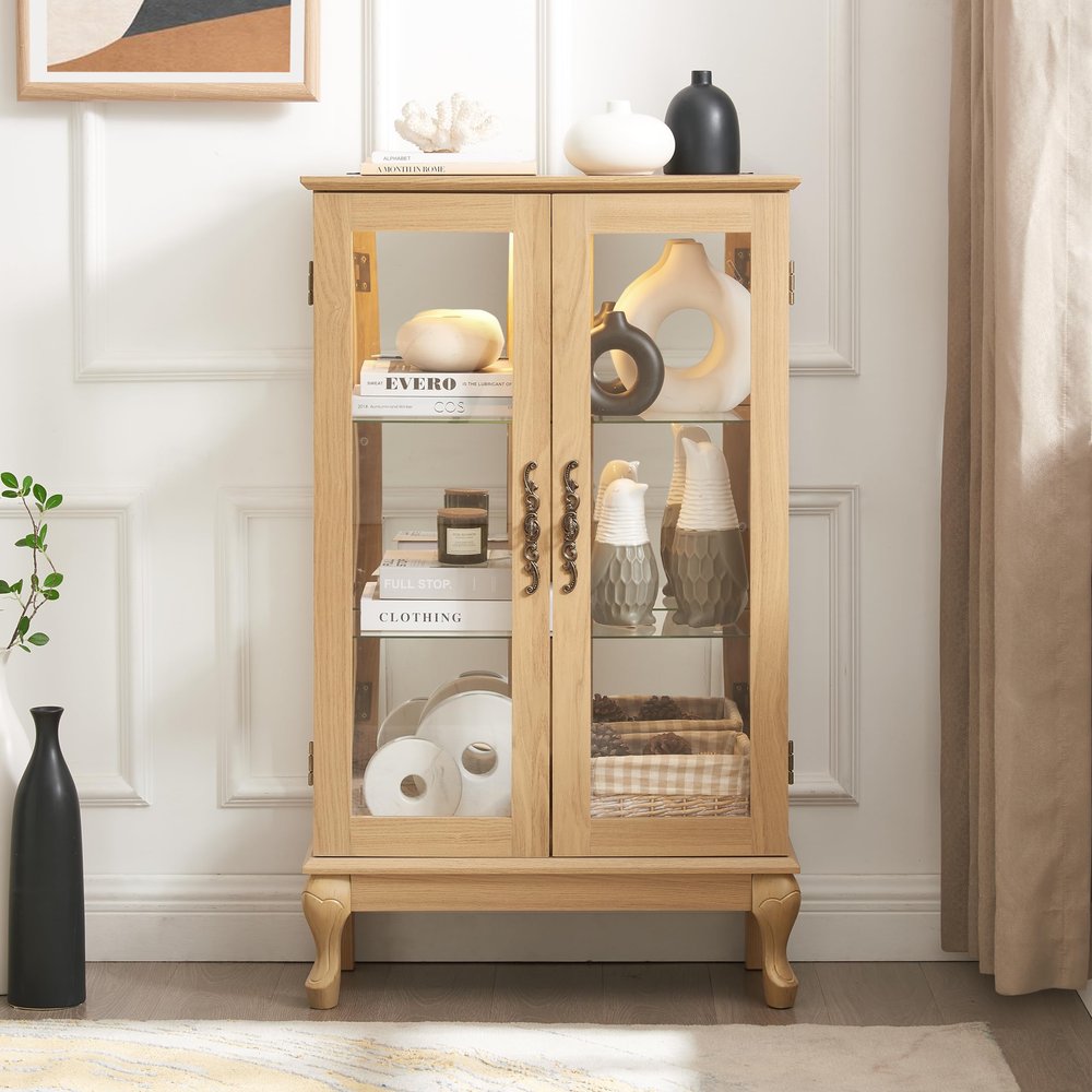 lunhung 3-Tier Lighted Glass Display Curio Cabinet with 2 Tempered Glass Doors,Curio Case with Mirrored Back Panel & Adjustable Shelves,Wine Artwork Display Cabinet for Living Room,Kitchen(Oak)