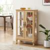 lunhung 3-Tier Lighted Glass Display Curio Cabinet with 2 Tempered Glass Doors,Curio Case with Mirrored Back Panel & Adjustable Shelves,Wine Artwork Display Cabinet for Living Room,Kitchen(Oak) view 3