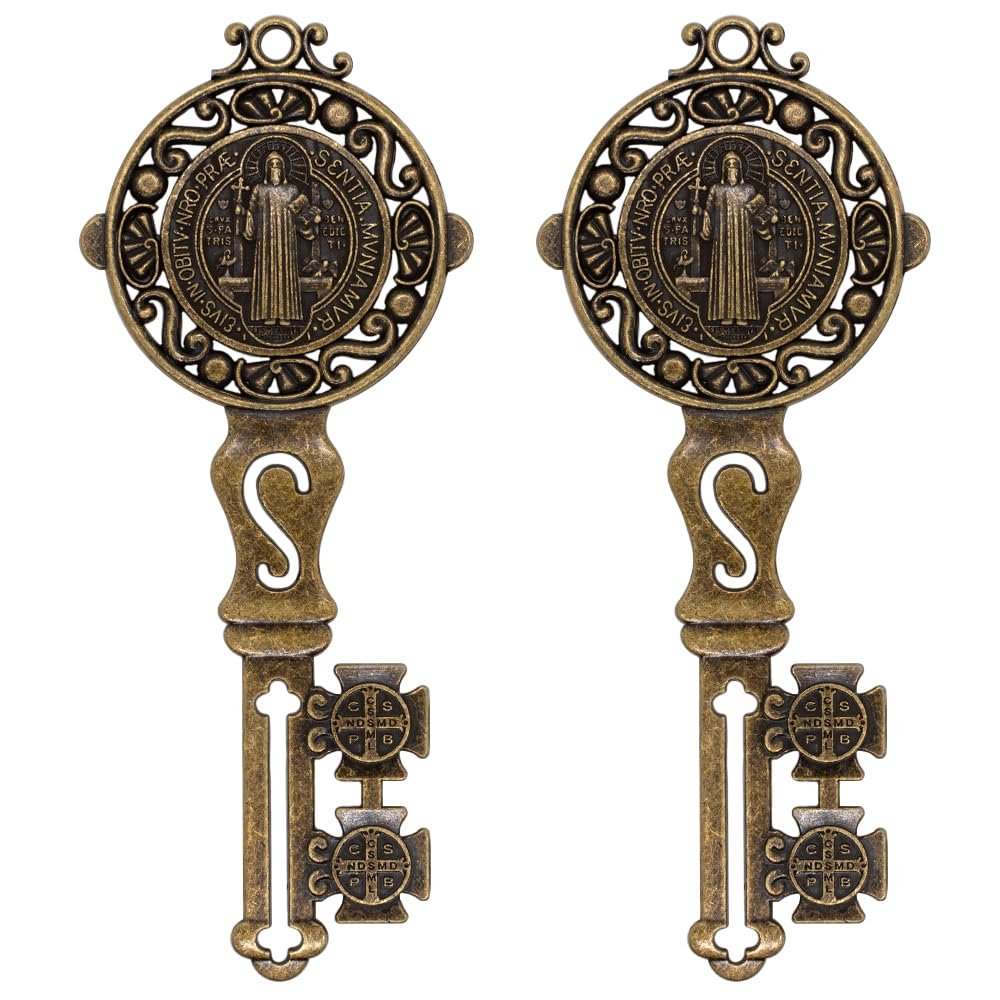 Saint Benedict Medal Key | Beautiful 5" Wall Pendant | Bronze-Tone Finish | Great Catholic Housewarming Gift | Spiritual Protection for Home (Saint Benedict Keys, 2, Pack)