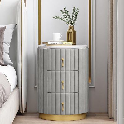 Modern Velvet Nightstand with 3 Drawers Round Bedside Tables, Upholstered End Table Multipurpose Bedside Cabinet Accent (Grey)