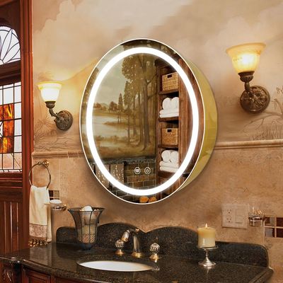 Janboe 26inch Round Medicine Cabinet with Lights,Led Medicine Cabinet with Defogger,Illuminated Mirror Cabinet for Bathroom,Dimmable,Anti-Fog,3 Colors,Surface Mount only,Gold