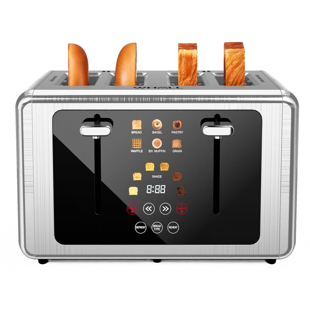 Whall 4-Slice Smart Toaster with Touchscreen & Extra-Wide Slots, Dual Independent Control, 6 Browning Levels & 6 Bread Types, Memory Function,Countdown Timer, Ideal Kitchen Gift,Silver