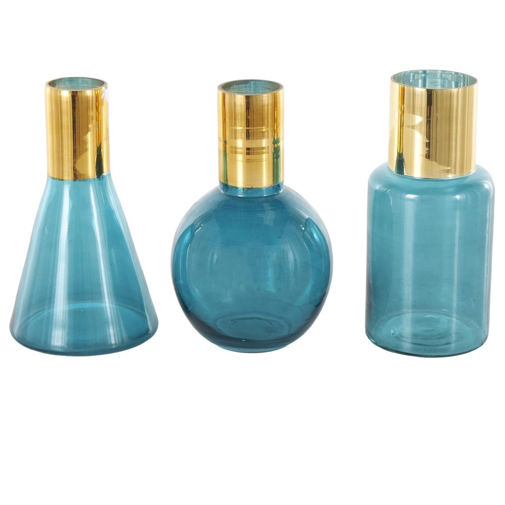 Deco 79 Glass Geometric Tinted Vase with Gold Rim and Varying Shapes, Set of 3 8",9",8" H, Blue