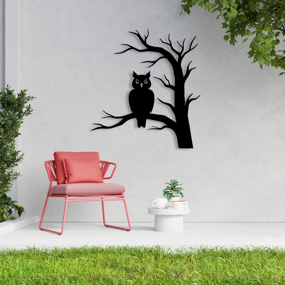 Aportif Metal Owl Wall Decor, Owl Wall Art, Tree Decorations, Metal Tree Branch Art, Bird Pictures, Birds on a Branch Decorations, Living Room Decor (Black, 19x17in|47x43cm)