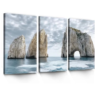 3Pcs Faraglioni Picture Wall Art Italy Island Canvas Painting Prints For Home Dining Room Living Room Wall Decor Poster Artwork(20" x 30" x 3 Panels Framed)