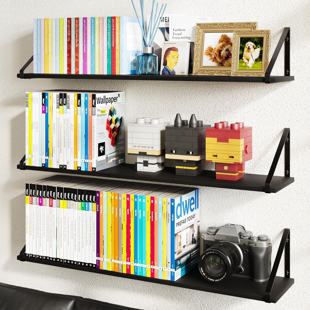BAMEOS Rustic Wood Wall Shelves - Set of 3, Large Bookshelf for Living Room, Bedroom and Kitchen, Black Shelves for Wall Decor