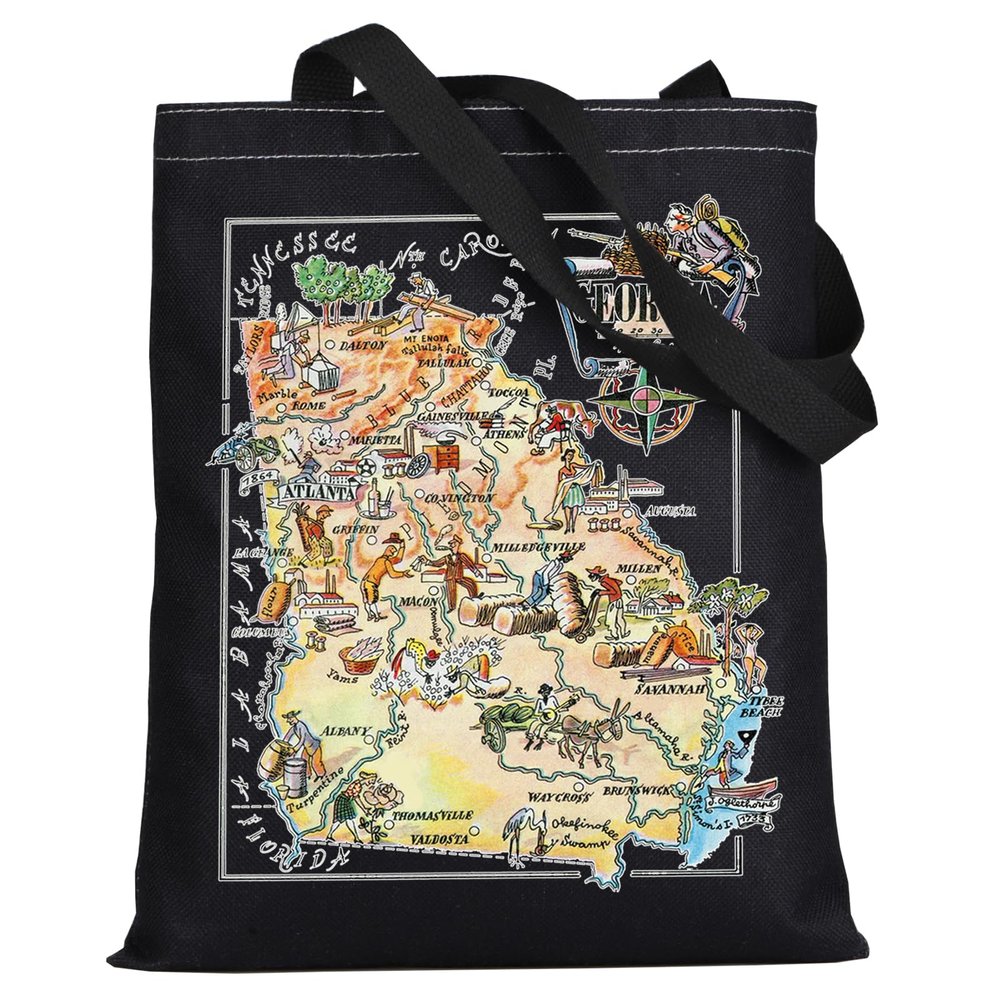 LEVLO Fun State Map Of Georgia Tote Bag Georgia Travel Souvenir Gift 1940s Georgia Cartoon Illustration Shoulder Bag (GEORGIA Black Tote)