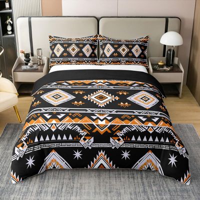 100% Natural Cotton Southwestern Aztec King Duvet Cover,Ethnic Bohemian Comforter Cover,Western Tribe Bedding Set For Kids Teens Adult,Black White Orange Quilt Cover,Vintage Exotic Bedspread Cover