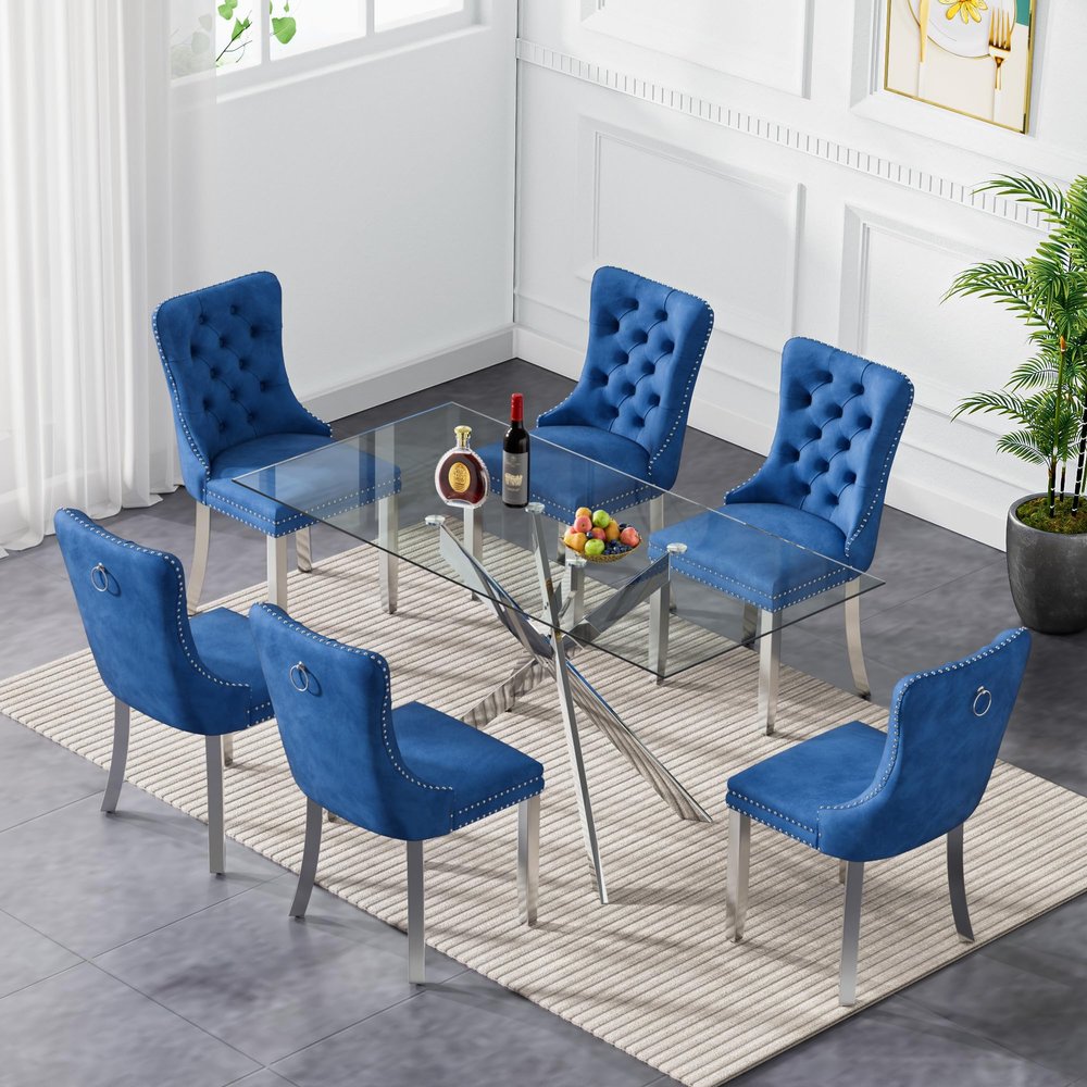 Gnrolaz 7-Piece Silver Glass Dining Table Set,51'' Tempered Glass Dining Table Sets for 6,Modern Rectangular Table and 6 Blue Tufted Velvet Chairs with X-Shaped Metal Legs for Home Furniture