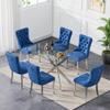 Gnrolaz 7-Piece Silver Glass Dining Table Set,51'' Tempered Glass Dining Table Sets for 6,Modern Rectangular Table and 6 Blue Tufted Velvet Chairs with X-Shaped Metal Legs for Home Furniture view 1