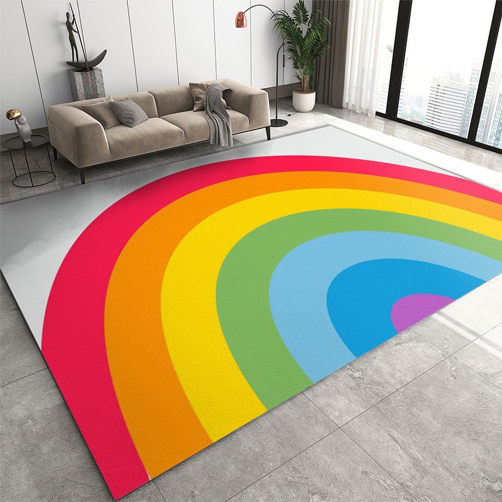 6x9 Boho Rainbow Rug for Living Room- Cartoon Rainbow Classroom Area Rug, Non-Slip Low Pile Non-Shedding Foldable Washable Nursery Mat for Entryway Hallway Playroom Home Decor Carpet