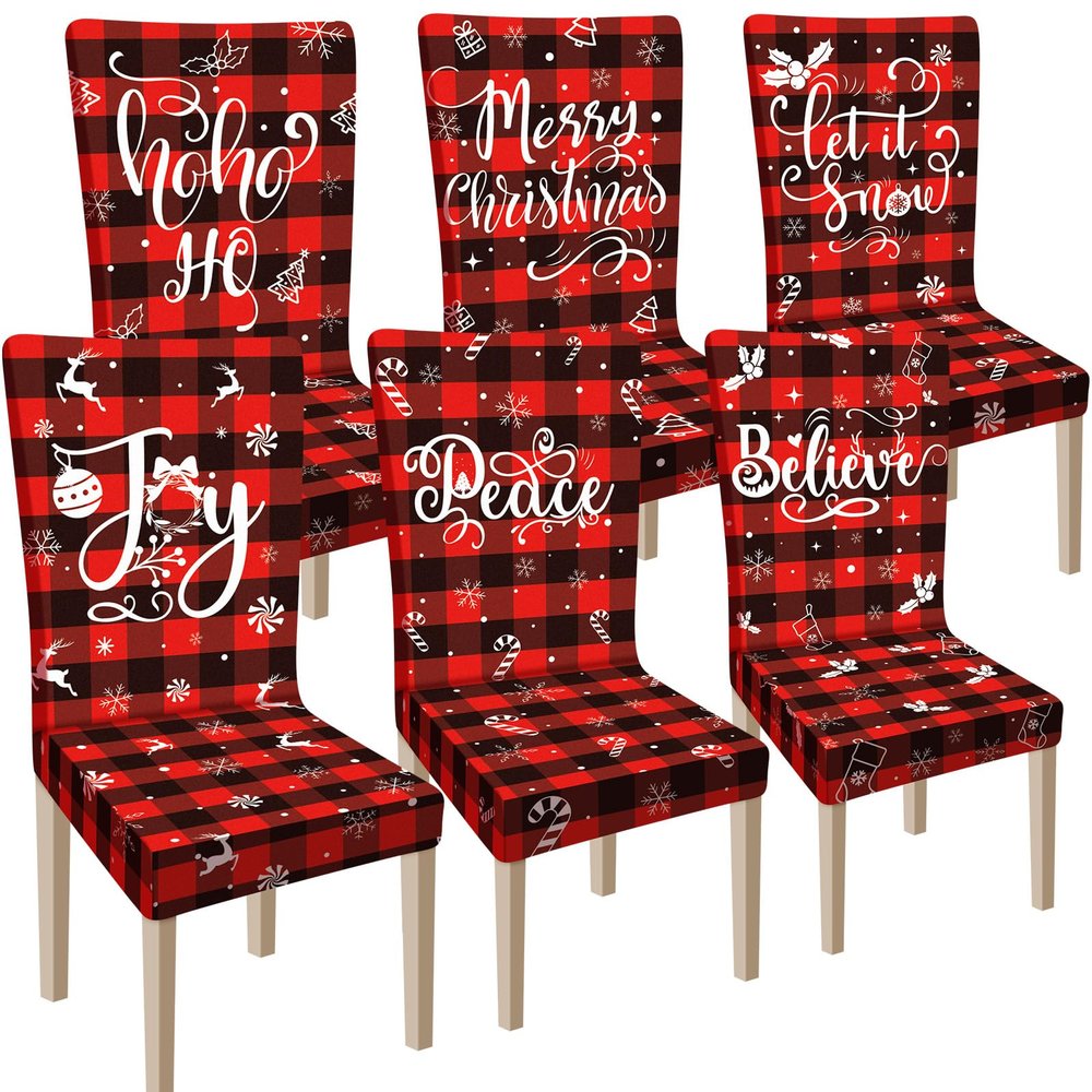 Ganeen 6 Pcs Christmas Chair Covers Merry Christmas Chair Back Cover Stretch Christmas Seat Cover Washable Xmas Dining Chair Protector Slipcover for Dining Room Kitchen Holiday Party(Plaid Style)