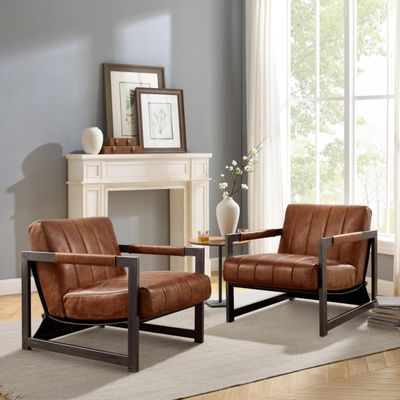 Zouron Genuine Leather Accent Chairs Set of 2, Mid Century Modern Chairs with Black Metal Frame, Upholstered Lounge Single Sofa Arm Chairs for Living Room, Bedroom, Retro Brown