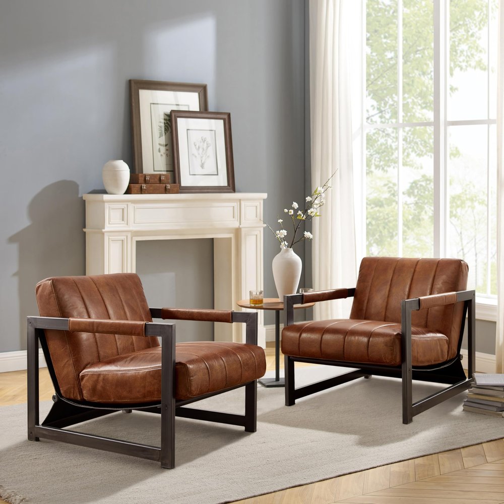 Zouron Genuine Leather Accent Chairs Set of 2, Mid Century Modern Chairs with Black Metal Frame, Upholstered Lounge Single Sofa Arm Chairs for Living Room, Bedroom, Retro Brown