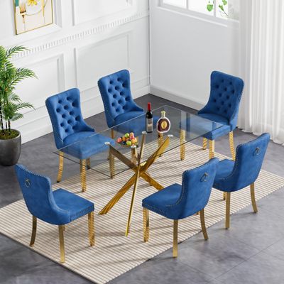 7-Piece Gold Glass Dining Table Set,51'' Tempered Glass Dining Table Sets for 6,Modern Rectangular Table and 6 Blue Tufted Velvet Chairs with X-Shaped Metal Legs for Home Furniture