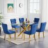 7-Piece Gold Glass Dining Table Set,51'' Tempered Glass Dining Table Sets for 6,Modern Rectangular Table and 6 Blue Tufted Velvet Chairs with X-Shaped Metal Legs for Home Furniture view 2