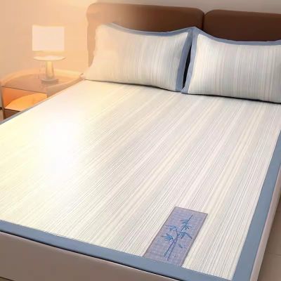 Ice Silk Cooling Mat Foldable Rattan Mat Topper Bed Mat, Cooling Sleeping Mat Set with 2 Pillowcases, Summer Sleeping Pad for Home Use(Blue,120 * 200cm)