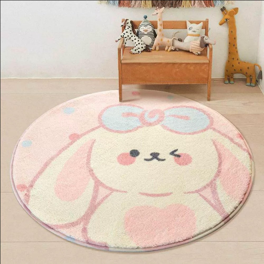 Cute Animal Area Rug 3ft Round Cartoon Soft Fluffy Furry Kawaii Rabbit Children's Room Carpet Pink Plush Carpet for Living Room Bedroom Nursery Girl Floor Bedroom Room Decoration