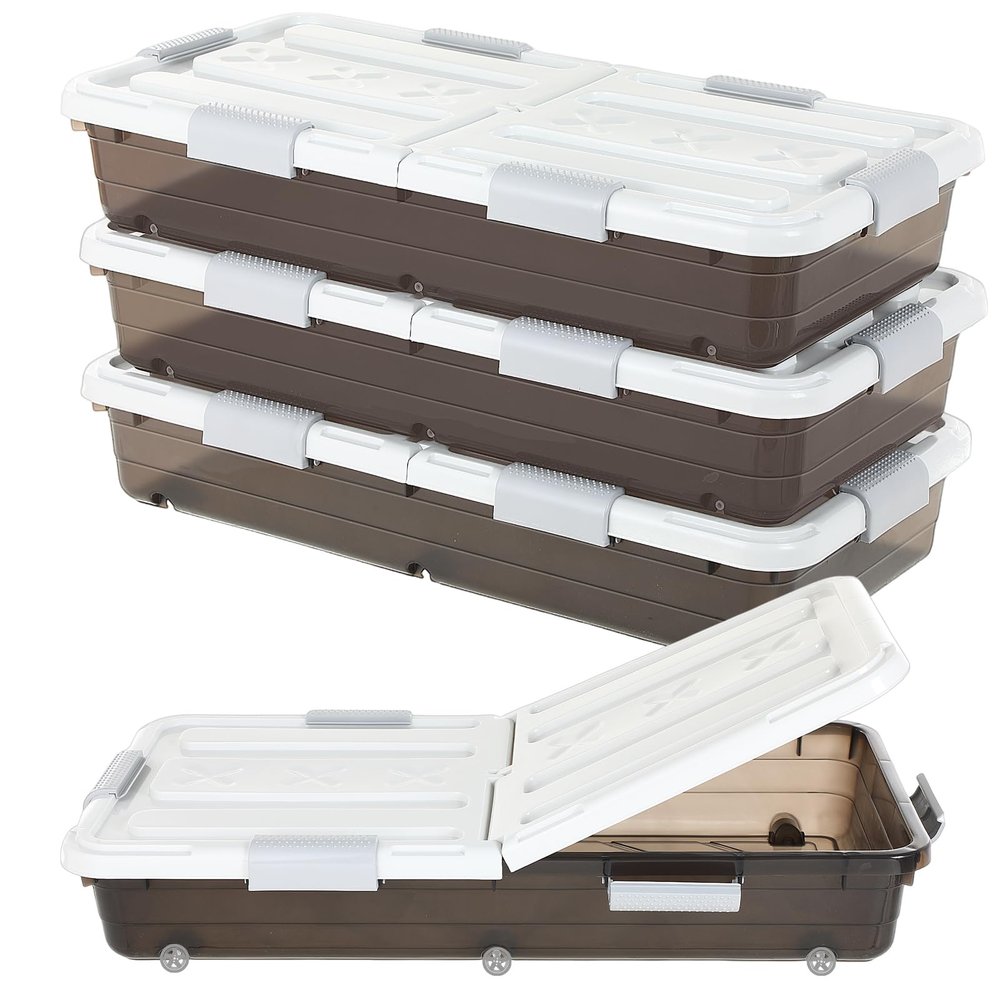 Beeveer 4 Pcs Plastic Under Bed Storage Container with Double Opening Lid Wheel Handle, Transparent Large Capacity Stackable Latching Festival Storage Bin for Closet Bedroom, 31.5x15.8x5.2 In(Brown)