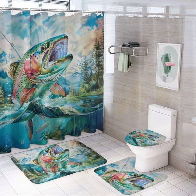 HDESDIS 4Pcs Abstract Fish Pond Shower Curtain Set, Forest Snow Mountain Novelty Bathroom Decor Set with Rug Bathroom Accessory Bathroom Curtain Shower Set, 72" x 72"