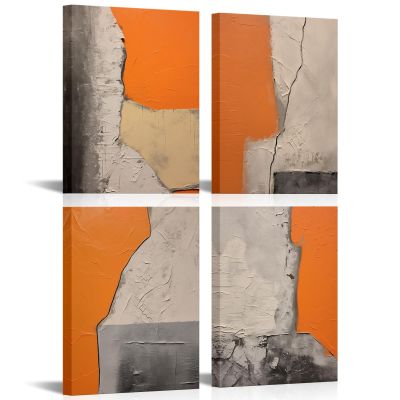 4 Panels Abstract Wall Art Orange and Grey Geometric Splicing Canvas Framed Wall Decor Modern Minimalist Abstract Textured Prints Artwork for Living Room Bedroom Office,12"x16"x4pieces (Orange)