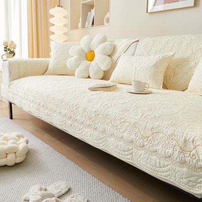vctops Cotton Embroidery Couch Cover Neutral Quilted Sofa Cover Anti Slip Sectional Couch Covers Washable Sofa Slipcover for Dogs, Children, Pets Furniture Protector (Cream,36"x63")