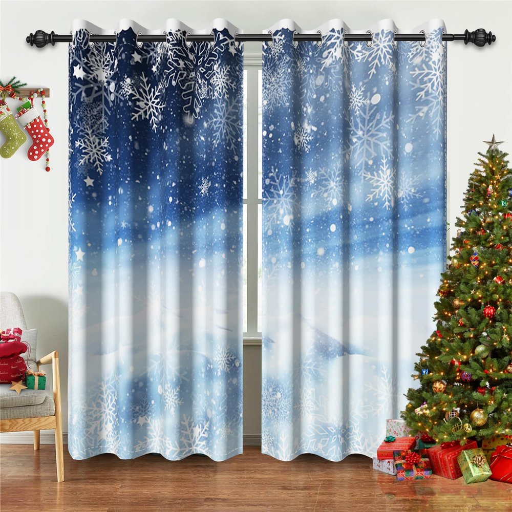 Renaiss Winter Snow Scenery Blackout Curtains for Bedroom Christmas Snowflakes Window Curtain Falling Snowfield Landscape Window Drapes for Living Room Decor Curtains 2 Panels Set, 53x96 Inch