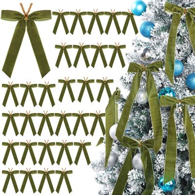 Riceshoot 30 Pcs Velvet Christmas Bow Decoration, 11 x 6.3 Inch Large Bows for Christmas Tree Gift, Xmas Ribbon Garland Ornaments for Wreath Garland Gift Wrapping Crafts Wedding Party(Green)