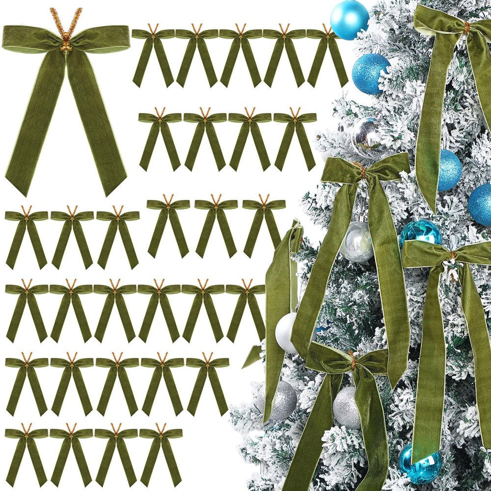 Riceshoot 30 Pcs Velvet Christmas Bow Decoration, 11 x 6.3 Inch Large Bows for Christmas Tree Gift, Xmas Ribbon Garland Ornaments for Wreath Garland Gift Wrapping Crafts Wedding Party(Green)