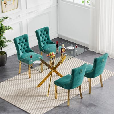 Gnrolaz 5-Piece Gold Glass Dining Table Set,51'' Tempered Glass Dining Table Sets for 4,Modern Rectangular Table and 4 Green Tufted Velvet Chairs with X-Shaped Metal Legs for Home Furniture