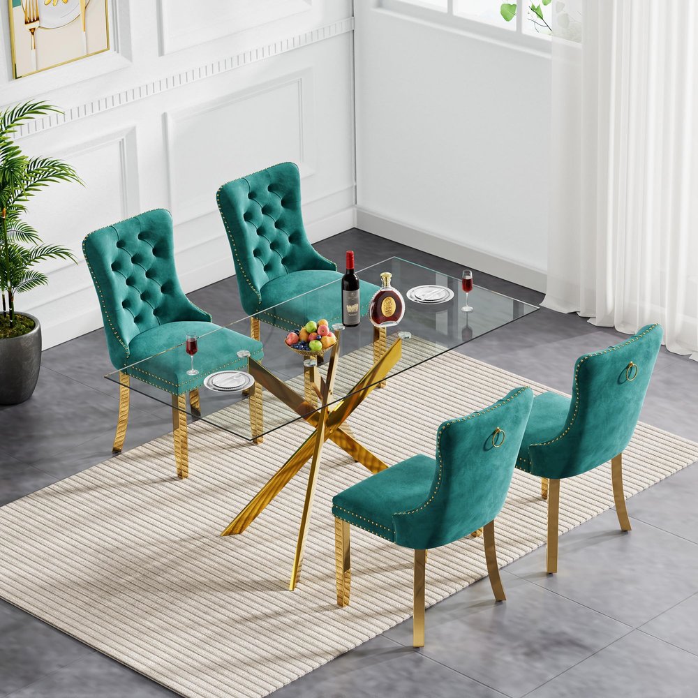 Gnrolaz 5-Piece Gold Glass Dining Table Set,51'' Tempered Glass Dining Table Sets for 4,Modern Rectangular Table and 4 Green Tufted Velvet Chairs with X-Shaped Metal Legs for Home Furniture
