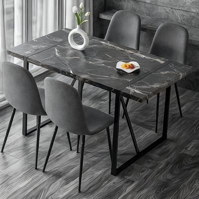 5 Piece Dining Table Set, 55" Dining Table Set for 4 with Chairs,1.5" Thick Density Black Board Tabletop with Metal Frame and 4 Fabric Suede Chairs, Modern Dining Table Set for 4 Suitable Kitchen