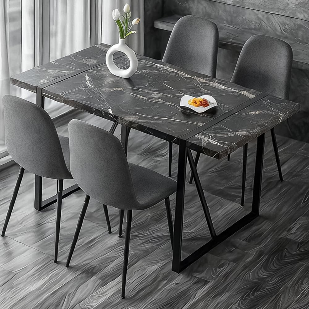 5 Piece Dining Table Set, 55" Dining Table Set for 4 with Chairs,1.5" Thick Density Black Board Tabletop with Metal Frame and 4 Fabric Suede Chairs, Modern Dining Table Set for 4 Suitable Kitchen