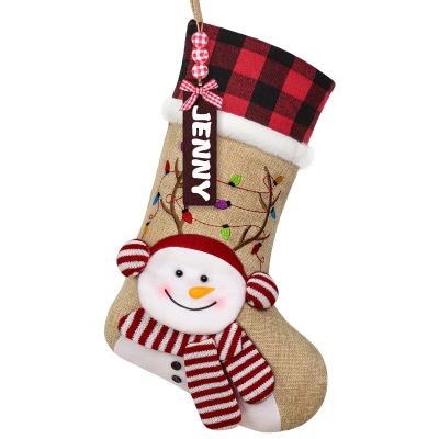 Alynsehom Personalized Christmas Stockings with Wooden Name Tag, 18in Red Black Buffalo Plaid 3D Xmas Stocking with Faux Fur Cuff Large Gift Bag for Kids Fireplace Party Holiday Xmas Decor (Snowman)