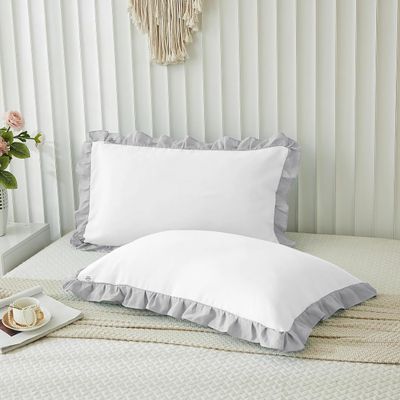 Dual Tone Ruffle Pillow Shams Standard Size Set of 2, 20X26 - Unique Ruffled Fringe Design Pillow Cases Soft & Breathable - Luxurious Decorative Pillow Covers 20X26 - (White-Silver Grey)