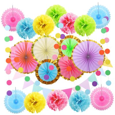 KOMBIUDA Pastel Paper Decorations Set Flower Balls Fans for Party Classroom Celebration Lightweight Easy to Use Elegant Design Birthdays Events