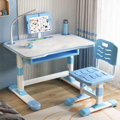 Haibinsuo Kids Functional Desk and Chair Set, Ergonomic Height Adjustable Children School Study Desk with Tilt Desktop, Student School Writing Study Table with Storage Drawer for Boys Girls Blue