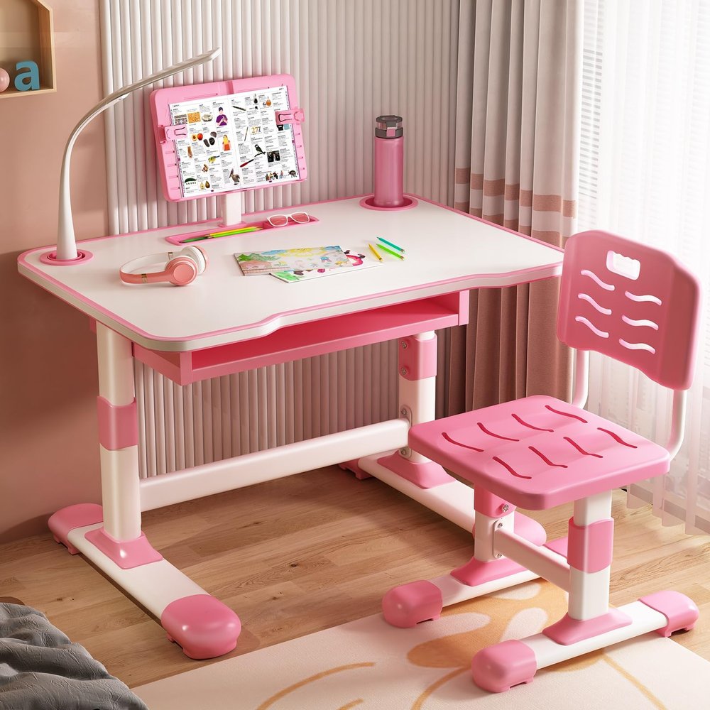 Haibinsuo Kids Functional Desk and Chair Set, Ergonomic Height Adjustable Children School Study Desk with Tilt Desktop, Student School Writing Study Table with Storage Drawer for Boys Girls Pink